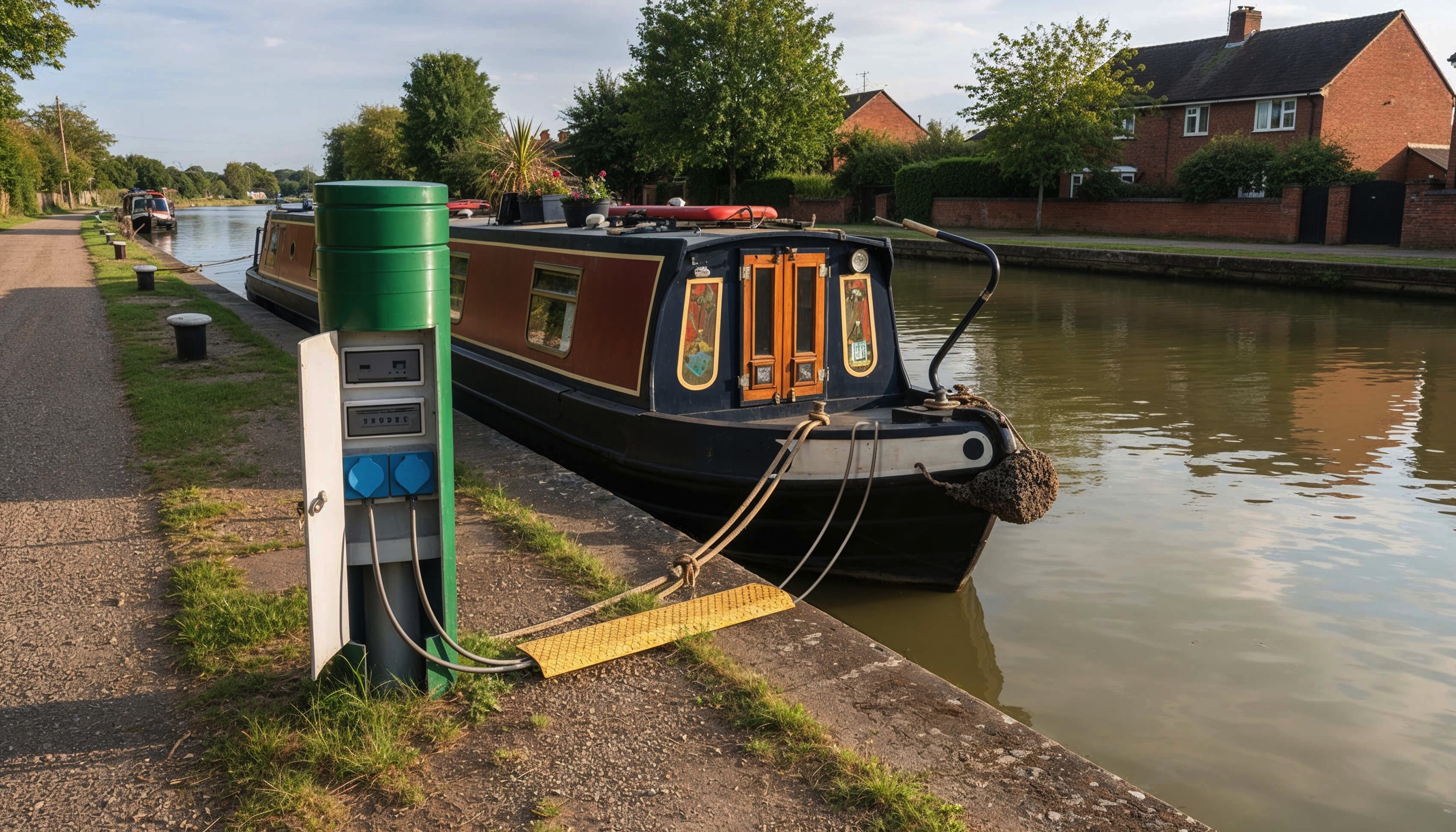 Power bollards with a Parc Paris shaped top installed at a canal side to provide moored barges and boats with access to power and other services.